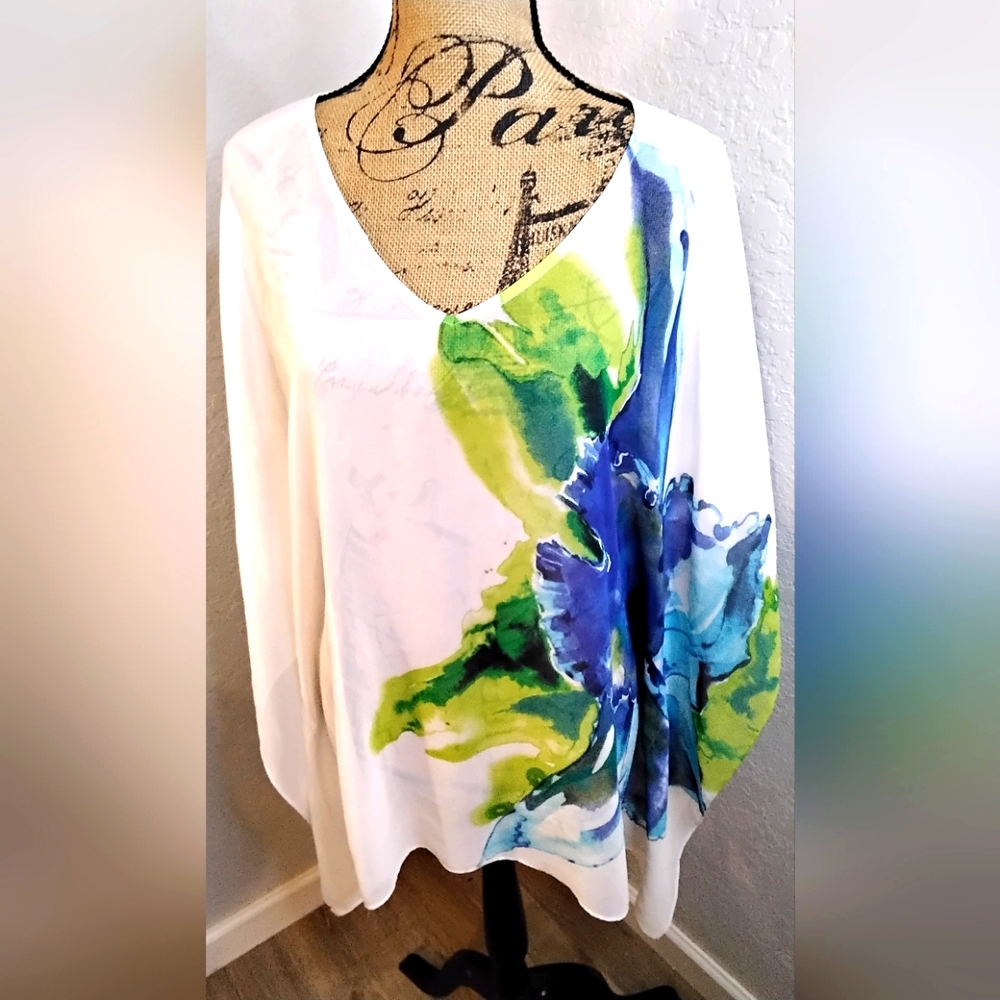 Chico's White Blouse with Blue and Green Floral Design
